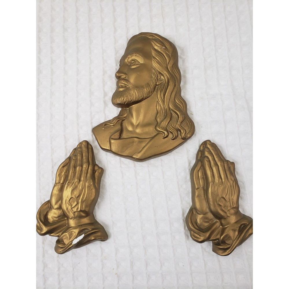(F5) Vintage 1984 Miller Studio Chalkware Jesus Praying Hands Wall Plaque 3 pcs
